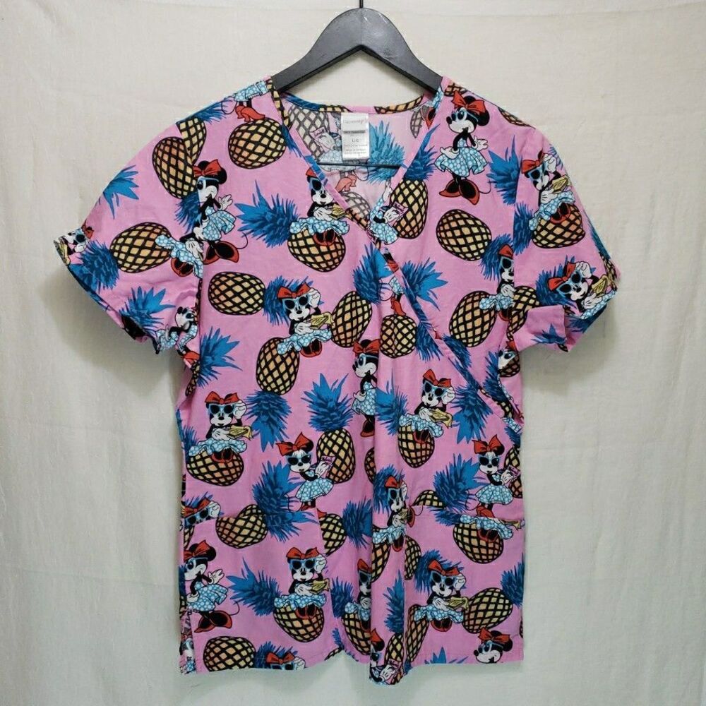 Disney Minnie Mouse Tropical Pineapple Scrub Top Size L Pink V-Neck Medical Uni